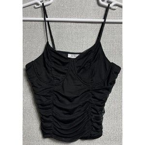 Black Y2K Mesh Ruched Bustier Blouse Spaghetti Strap Stretch XL